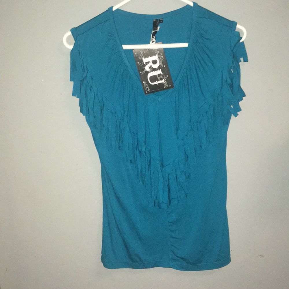Teal short sleeve fringe shirt